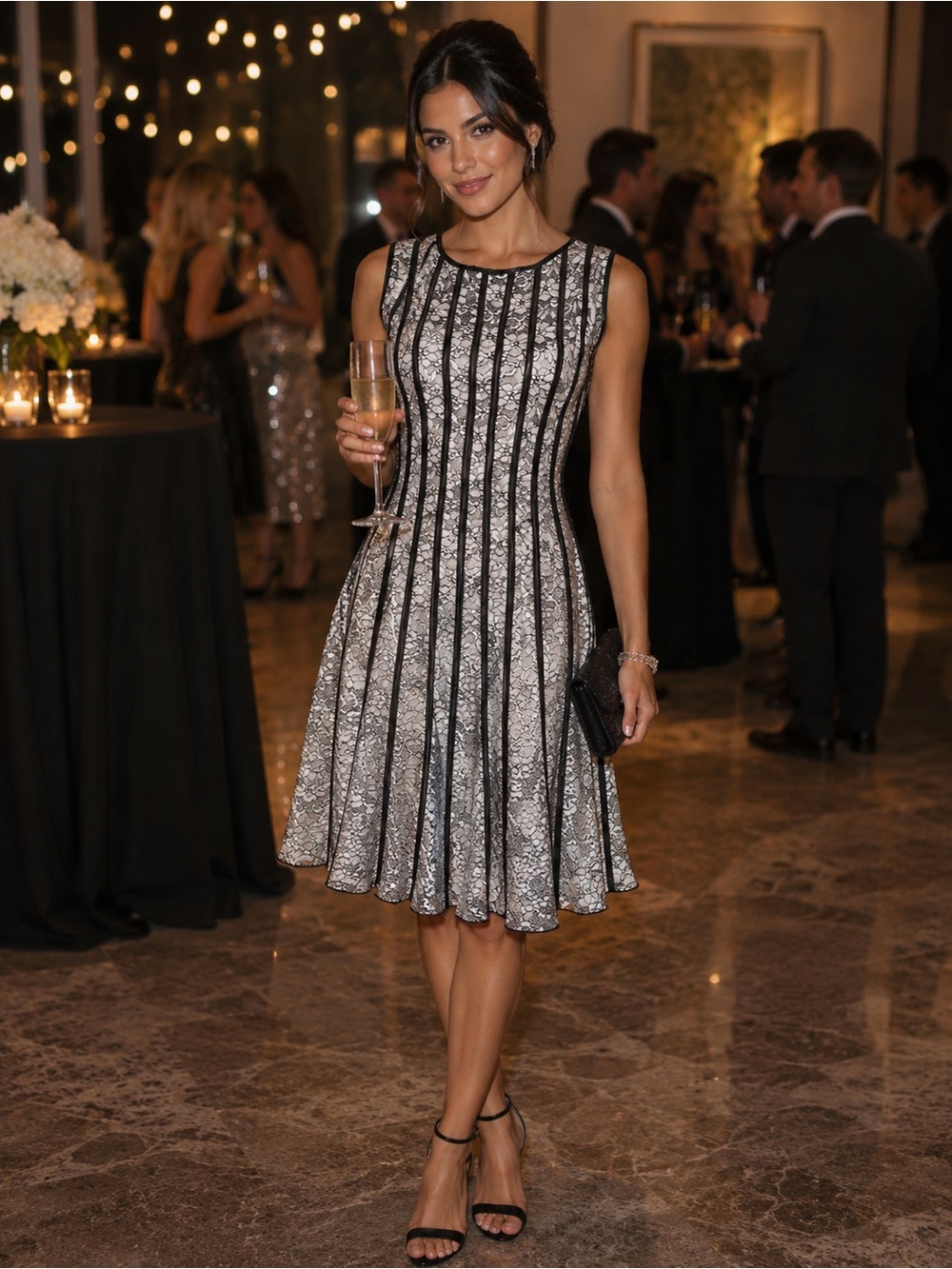 SLNY Black and White Sleeveless Striped Lace Midi Dress - Picture 1 of 11